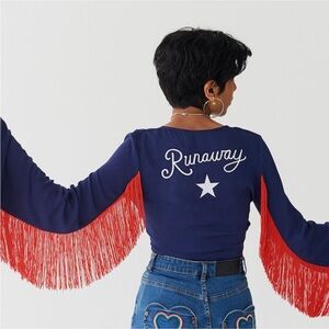 Lazy OAF London Cropped Blue Fringe Star Cowgirl Cheerleader Long Tie Front Top